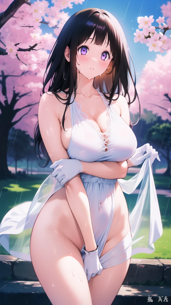 Amazing Chitanda, There is only one beautiful girl,Purple Eyes, Black Hair, Very red face,Very white skin,Glowing skin,Skin as delicate as porcelain,Naturally straight hair, Straight bangs,Extremely refined,Open lips,Long flowing hair,Beautiful Girl, Like a dream,Slim,Slim waist,Soft, (Sensual), (Kawaii), Dream quality,Beautiful ,Sheer loose dress,Areola,Comp naked,Lower edge east,White gloves,Flecoration,Deep V neckline,Loose neckline,White lace-up,Wide neckline,In school,look up,Place your hands on your inner thighs,Thighs clamp hands,Wet skin,Sweaty and sweaty,Sweating all over,it is raining,Next to the cherry blossom trees,Back to,Lean over,Hips,Side body,Gluteal groove,Completely naked的臀部,Bare back,Completeled的背部,Light transmission,(no p,nopan,pussy juice,Bare shoulders,There are nulder straps,Bare neck,Exposed collarbone,Exposing breasts,Exposing breasts侧面,Exposing breasts your waist,Show ttocks,Show your thposing the groin,(No pants),extremeltra-high resolution, (masterpiece:1.2, best quality), (Delicate and beautiful eyes: 1.2), (Beautiful and delicate face)