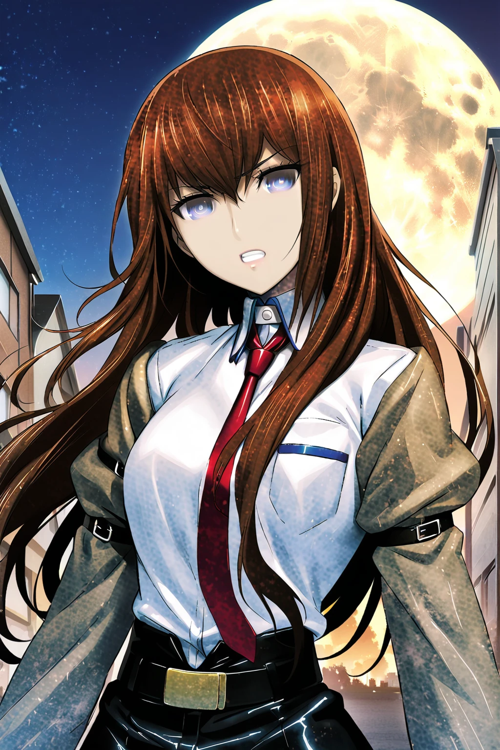 (Ultra-detailed illustrations:1.2),Standing in front of a full moon、Anime girl with long red hair and white shirt, kurisu makise steins gate anime, kurisu makise, Female Anime Characters, Female Action Anime Girl, Misato Katsuragi, Portrait of a female anime hero, Inspired by Ryusei Kishida, makise kurisu