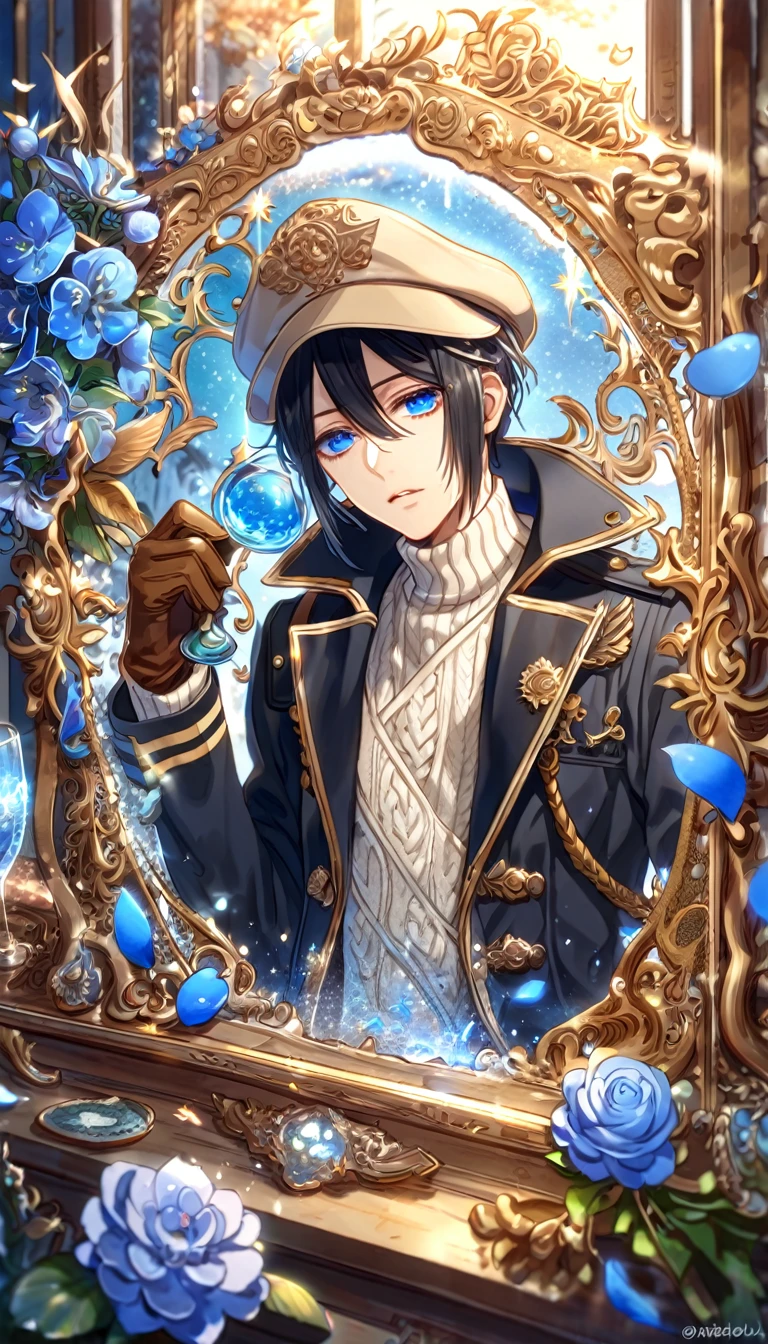 absurdres, highres, ultra detailed, HDR, master piece, best quality, extremely detailed, Yoite, black hair, expressive blue eyes, Nabari No Ou, solo, sexy man, handsome, black trench coat, white sweater, light brown beige cap, brown gloves, magical, fantasy, glittering, sparkling, glass, blue flowers, blue petals, water, blue moon