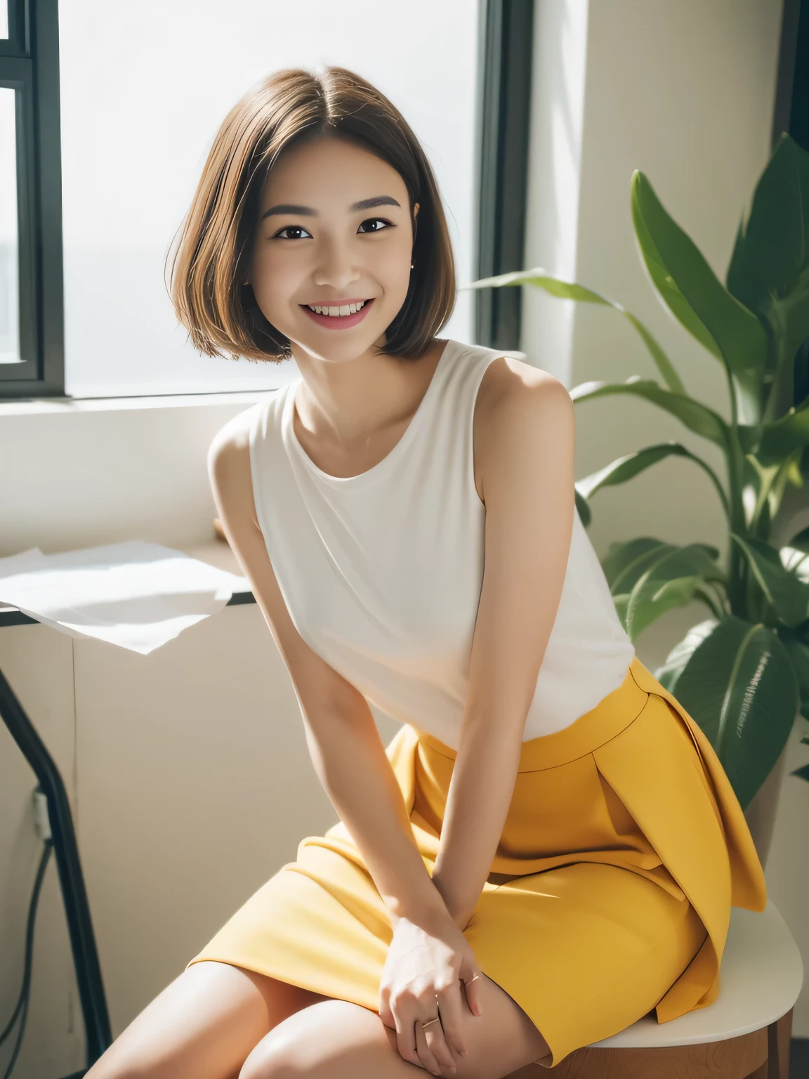 ((Highest quality, 8K, masterpiece: 1.3)), beautiful girl, Pure, Melon face, Kind and cute, sweet smile, Pure desire, Slender body, (front), (Tilt your head), ((Looking into the camera)), Yellow office suit and short skirt, Black Short Hair, Flowing shoulders, big, round, Iris, clear, Big eyes, Moist red lips, sweet, Sitting in the office, Bodies facing random directions, (whole body),
