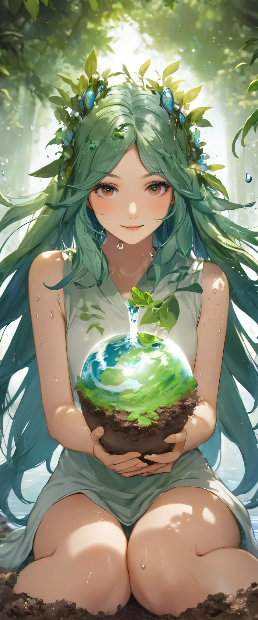 One girl, Female Earth Spirit, Earth-colored hair, Internal soil springs, Put a few drops of earth water on your skin,