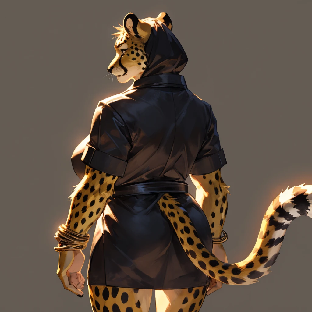 Solo, female, fat, cheetah, golden yellow, golden yellow cheetah, cheetah in underwear, black underwear, cheetah ears, from back, back view, posing, with long tail, tail, cheetah tail, cheetah, cheetah tail, anatomy, good anatomy, perfect anatomy, female anatomy, perfect body, ((focus body, furry focus, shadows focus, body shadows)) nice body, standing, posing, model, light, shades, 4k, high quality (((gray background, gray wallpaper, one color))), by darkgem, by mystikfox61, Female cheetah, fat, fat belly, fat thighs, fat arms, lovehandles, big breasts, silver eyes, golden yellow fur, black cheetah markings, silver earrings, silver bracelets, silver rings, silver necklaces, silver dress,