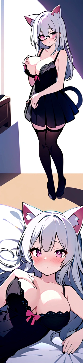 Girl with white hair, cat ears, black glasses, blushing extremely, she has put on a bra if her breasts are small, grabbing her breasts, a black skirt, a cat tail with black stockings on the bed