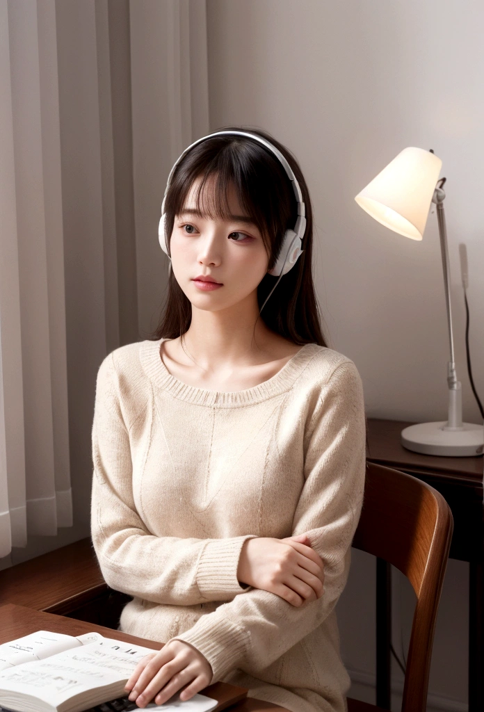 Inside a cozy room, immersed in studying, curtains are partially closed, Soft moonlight creates dancing shadows on the wall. A desk lamp casts a warm light on a desk piled with books., notebook and laptop. the person is sitting comfortably in a chair, Headphones that fit comfortably on your ears, connect her to the sonic world of her chosen music. while she was immersed in her studies、There is a faint smile on the lips, Get inspired by the notes that fill the air. fingers move in a coordinated manner, Laptop keyboard and note page switching, keep up with the rhythm of the music. The sound of music flows in smooth harmony., Create an immersive atmosphere. Each note seems to lift people's hearts., increase energy and concentration. She gently shook her head to the beat of the music., It's like being in your own world, I don't notice external worries. Music acts as a motivating force, Make study time more fun、make it exciting. The chords and lyrics blend into the calm atmosphere of the room.。, people absorb knowledge、Encouraging you to fall in love with the mystery of learning、creating a personal symphony. A scene depicting the unique fusion of solitary study and music, Transform the intimate environment of your bedroom into a learning space, and the music、Fuel your mind and spirit to achieve your academic goals。. HDR,8K,surreal,Beautiful soft light studio,vivid details,anatomical,elegant,sharp focus,studio photography,art station trends,very detailed,polarizing filter