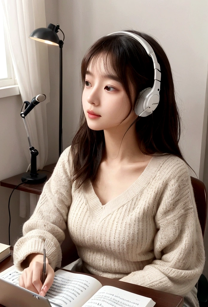 Inside a cozy room, immersed in studying, curtains are partially closed, Soft moonlight creates dancing shadows on the wall. A desk lamp casts a warm light on a desk piled with books., notebook and laptop. the person is sitting comfortably in a chair, Headphones that fit comfortably on your ears, connect her to the sonic world of her chosen music. while she was immersed in her studies、There is a faint smile on the lips, Get inspired by the notes that fill the air. fingers move in a coordinated manner, Laptop keyboard and note page switching, keep up with the rhythm of the music. The sound of music flows in smooth harmony., Create an immersive atmosphere. Each note seems to lift people's hearts., increase energy and concentration. She gently shook her head to the beat of the music., It's like being in your own world, I don't notice external worries. Music acts as a motivating force, Make study time more fun、make it exciting. The chords and lyrics blend into the calm atmosphere of the room.。, people absorb knowledge、Encouraging you to fall in love with the mystery of learning、creating a personal symphony. A scene depicting the unique fusion of solitary study and music, Transform the intimate environment of your bedroom into a learning space, and the music、Fuel your mind and spirit to achieve your academic goals。. HDR,8K,surreal,Beautiful soft light studio,vivid details,anatomical,elegant,sharp focus,studio photography,art station trends,very detailed,polarizing filter
