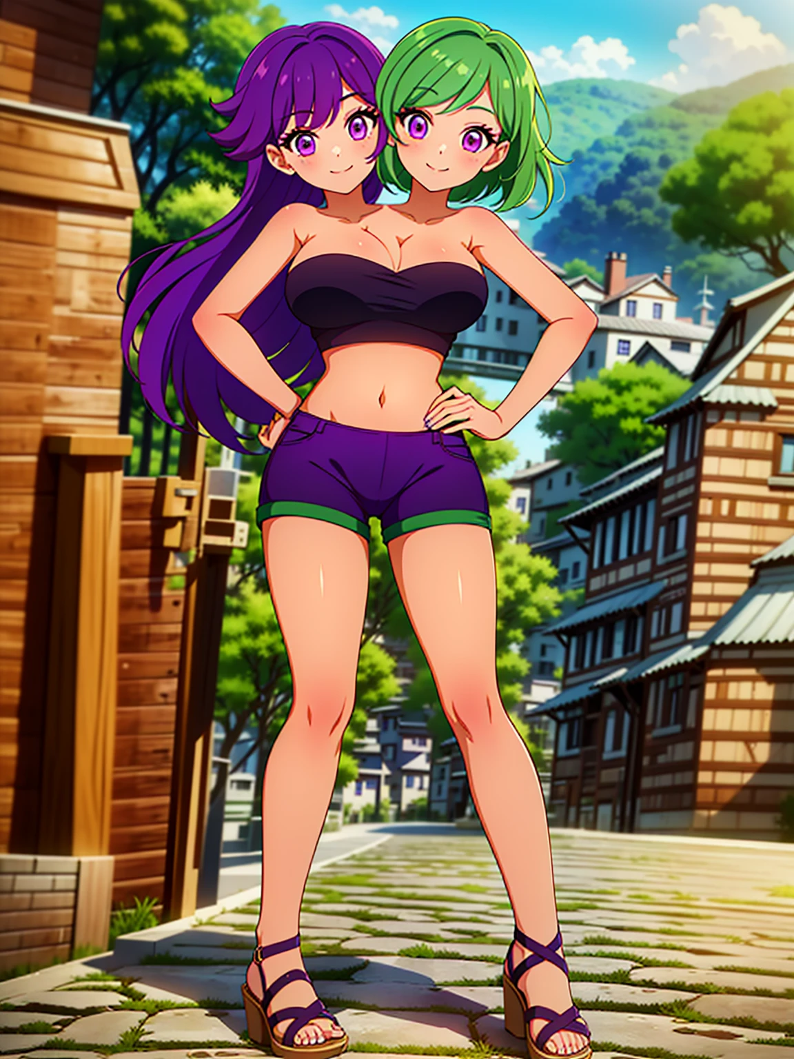 best quality, (masterpiece),(ultra-detailed), (high quality), (high resolution), ((2heads:1.5)), best quality:1.5, highres, UHD, 16K), ((two headed woman)), smiling, highres, masterpiece, ((green hair)), ((purple hair)), ((different hair colors:1.5)), cleavage, ((crop top:1.5)), lustrous and smooth skin, (seductive silhouette), sexy proportions, Beautiful girl with accentuated slender abs, ((full body)), ((village background:1.5)), ((exposed midriff)), body con dress, strapless, sleeveless, magenta eyes, ((long hair)), ((sandals)), ((hot pants))