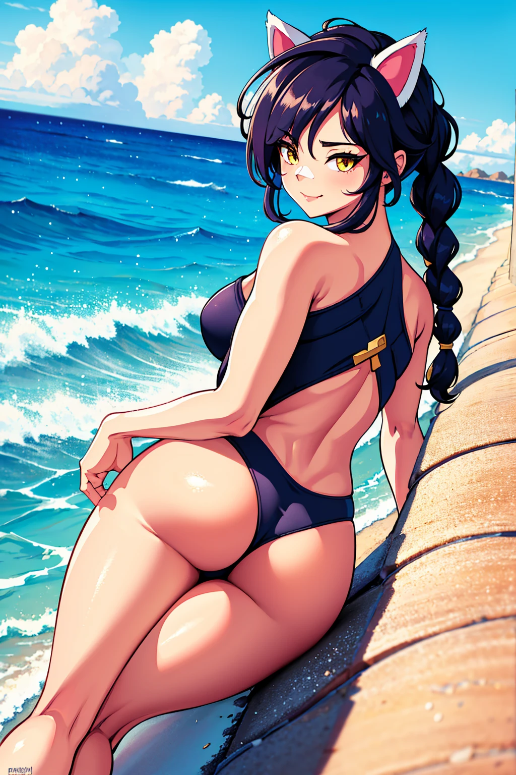 Erisa, 1girl, solo, long hair, looking at viewer, black hair, bandaid on face, yellow eyes, animal ears, smile, bandaid on nose, braid, cat ears, bandaid, bangs, breasts, fake animal ears, simple background, fang, bare shoulders, scar, bare shoulders, closed mouth, hair over one eye, portrait, hair over shoulder, legs, seductive, bathing suit, 2 piece swimsuit, beach, realistic, highly detailed face, detailed eyes, best quality, masterpiece, ultra detail, ultra high res, extreme detail, 8k, uhd, voluptuous, curvy, thick thighs, milf, butt, ass, round ass, from behind, holding up butt,