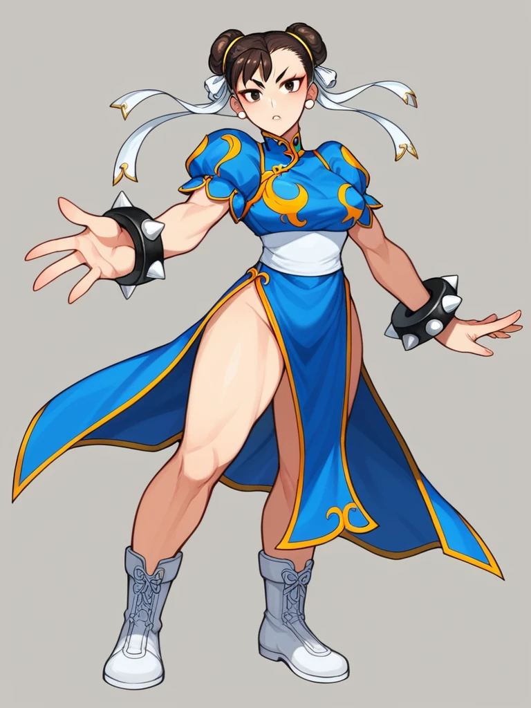 in kinu-sensei artstyle, Kinu Nishimura style, muted pastel colors, medium breasts, Chun-Li, Chun-Li, the iconic character from the Street Fighter video game series, stands at the forefront of the composition. Her dynamic pose suggests imminent action—a leap or a powerful kick. Here’s a breakdown of the details: Character Description: Chun-Li: A strong, agile fighter, Chun-Li is instantly recognizable by her signature blue qipao (a traditional Chinese dress) with golden accents. She embodies grace and power. Costume: Her qipao features slits on both sides, allowing of movement. The fabric flows around her as she prepares for combat. Footwear: White boots with similar side slits complete her ensemble, emphasizing practicality and style. Hairstyle: Chun-Li’s hair is styled in “ox horns,” two high buns adorned with white ribbons. Golden hairpieces resemble spiked bracelets, adding flair.