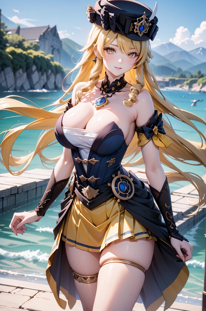 Navia Genshin Impact, anime style, wide look, candid, (masterpiece:1.35),(bestquality:1.4),8k,ultra-detailed,photography,(ultra-realistic:1.4),film grain,Fujifilm XT3, 1girl, adult, (sexy Asian female:1.45), solo, female focus, open skirt, long Hair, yellow hair, Seductive Smile, (yellow eyes), (breast cleavage), two legs, smooth thighs cleavage, armpit, hand pose, red lips, (wear stocking)!!, wear hat stand up on bridge, There are birds in the sky,There are butterflies in front,Snowy mountains in the back,The sky is blue,Flowers in hand, Detailed Eyes, Detailed Eyes, Realistic eyes, detailed shadows, look out the mountain, detailed lighting, (detailed hair), realistic hair, realistic lighting, realistic shadows, realistic clothing), realistic skin, (gun on the waist: 1), realistic light reflection from above, (correct anatomically)!!!, full nude, long leg, full body, bare shoulders