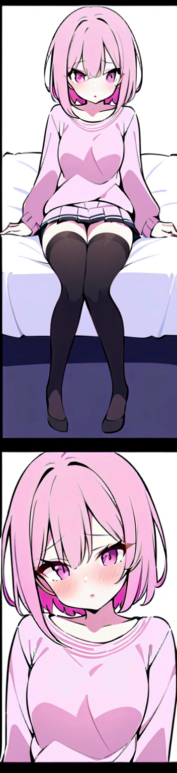 pink hair black glasses pink eyes extremely blushing a big pink sweater short black short skirt black stockings be a reserved girl her bed 