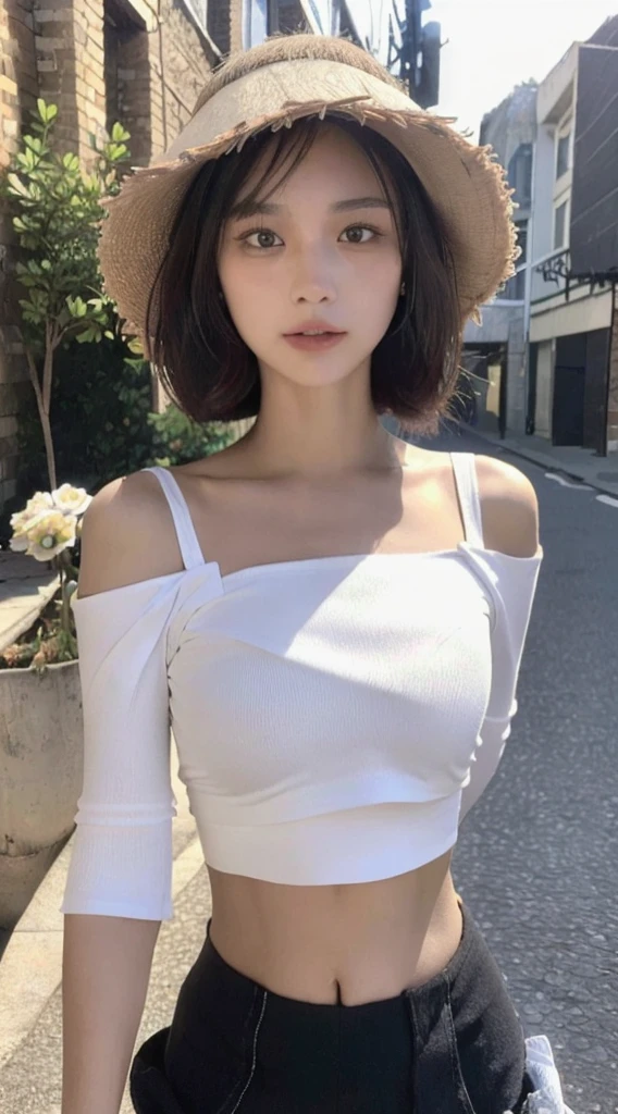 ((Best Quality, 8k, Masterpiece: 1.3)), (flower hat: 1.3), focus: 1.2, Perfect body beauty: 1.4, buttocks: 1.2, (Layered haircut: 1.2)), (dark street: 1.3), Very detailed face and skin texture., whole body, delicate eyes, double eyelids, whitened skin, wide, (round face: 1.5), (loose crop top, Bermuda: 1.6)