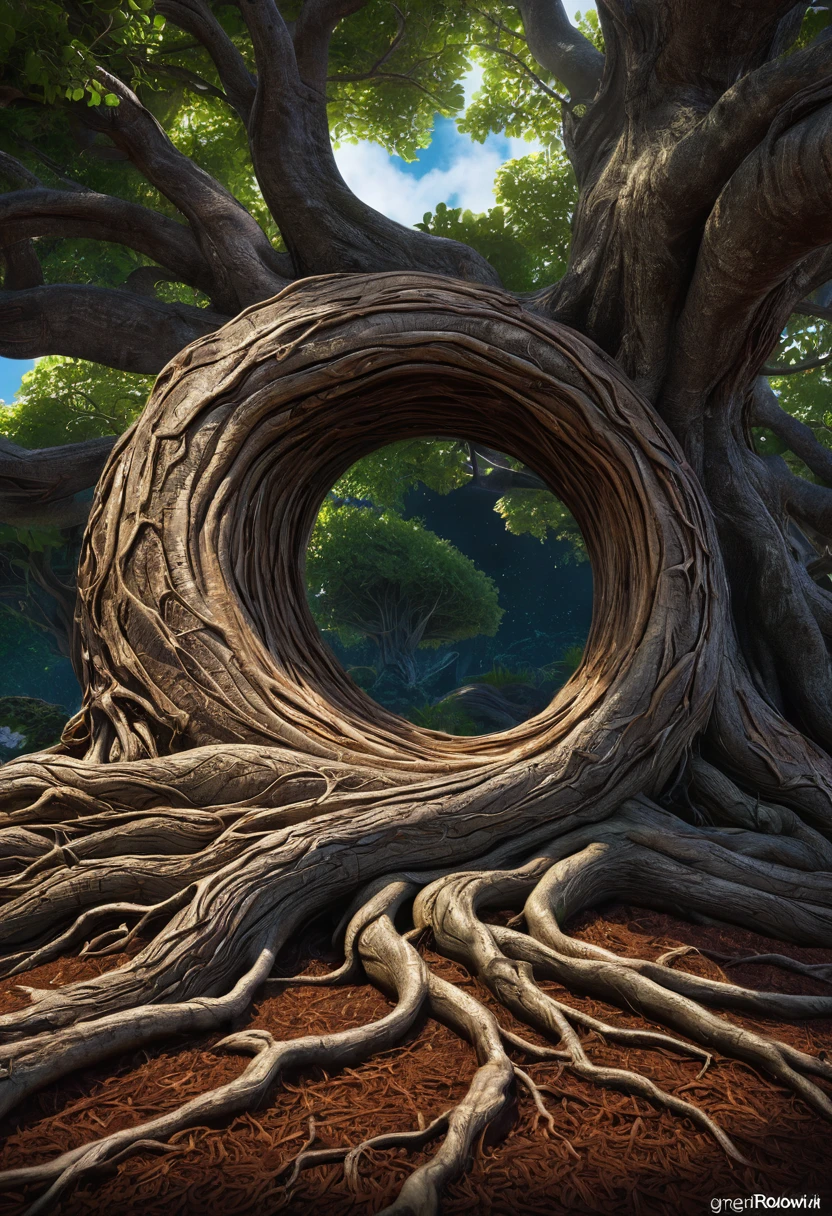 a crescent moon made of tree roots,a large tree in the center,detailed intricate roots,detailed bark texture,cinematic lighting,dramatic shadows,vibrant colors,fantasy,digital art,award winning illustration,art by greg rutkowski,unreal engine 5,cinematic composition,epic scale,ultra detailed,8k,masterpiece