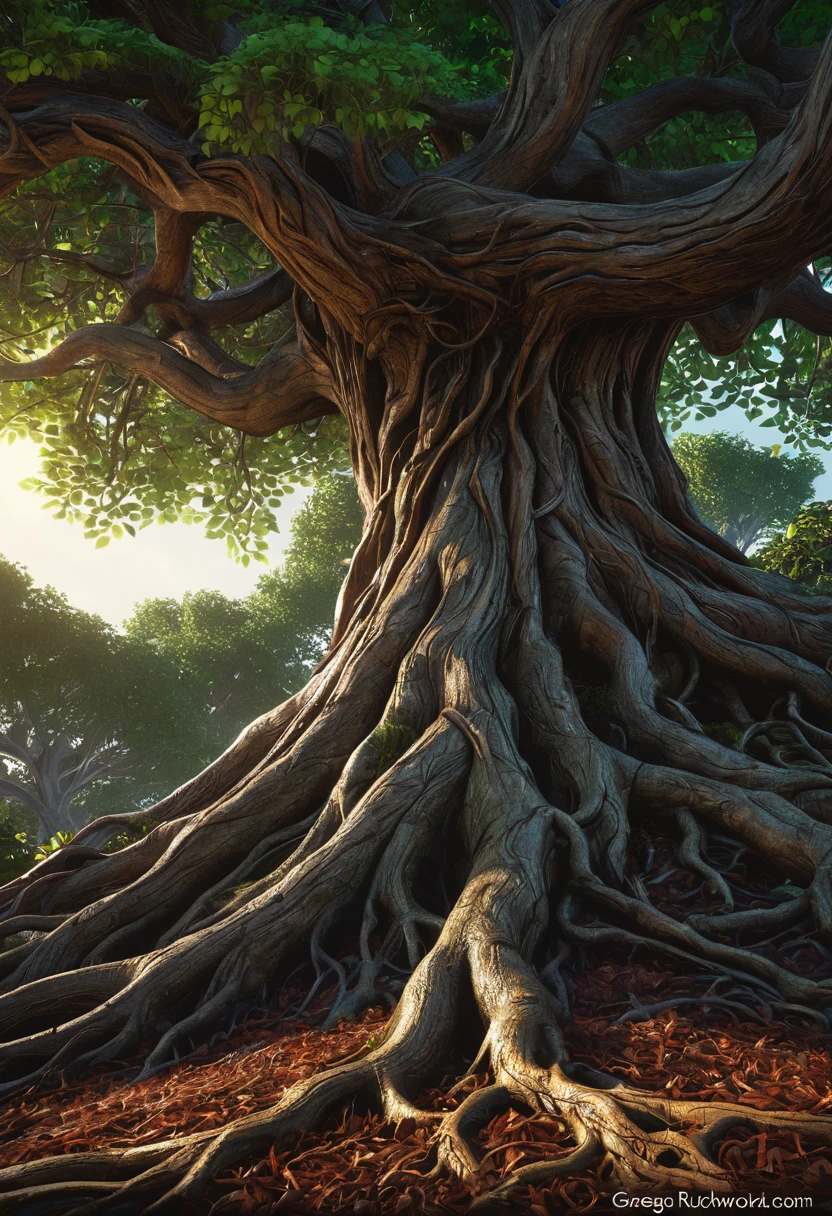 a crescent moon made of tree roots,a large tree in the center,detailed intricate roots,detailed bark texture,cinematic lighting,dramatic shadows,vibrant colors,fantasy,digital art,award winning illustration,art by greg rutkowski,unreal engine 5,cinematic composition,epic scale,ultra detailed,8k,masterpiece