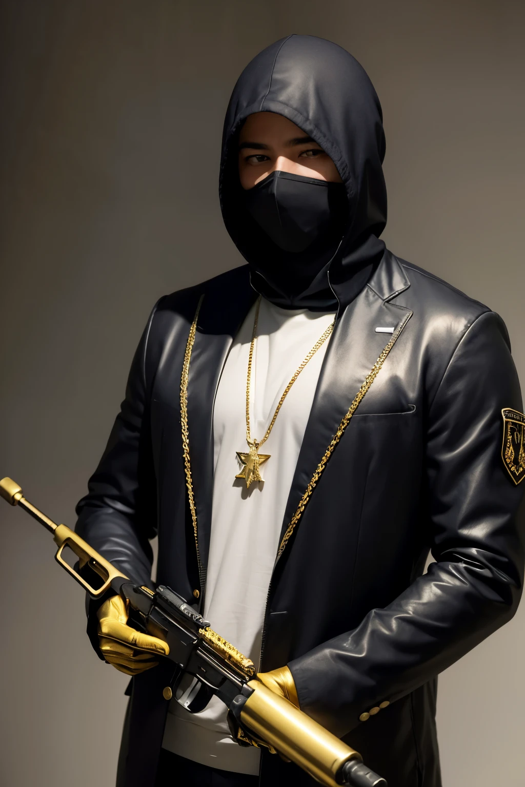 ((best qualityer)), ((work of art)), (detailded), create an image of a man holding an R15 rifle using the anonymous mask, with a gold chain with the pendant written with the name Silva