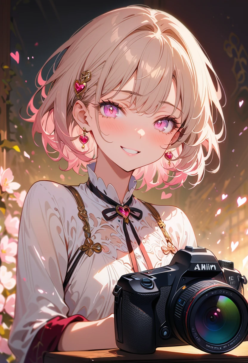 best quality,Astonishing,masterpiece,Beautifully,Ultra-high resolution,Extremely detailed,Intricate details,Beautiful and detailed,Meticulous attention to detail,8k resolution,Clear focus,Camera Effects,(Extremely detailed CG unity 8k wallpaper),Pink Eyes,cosmetic,Heart-shaped pupil,Glowing eyes,Tsuri Plum,Naughty face,Flash,Torogao,Charming smile