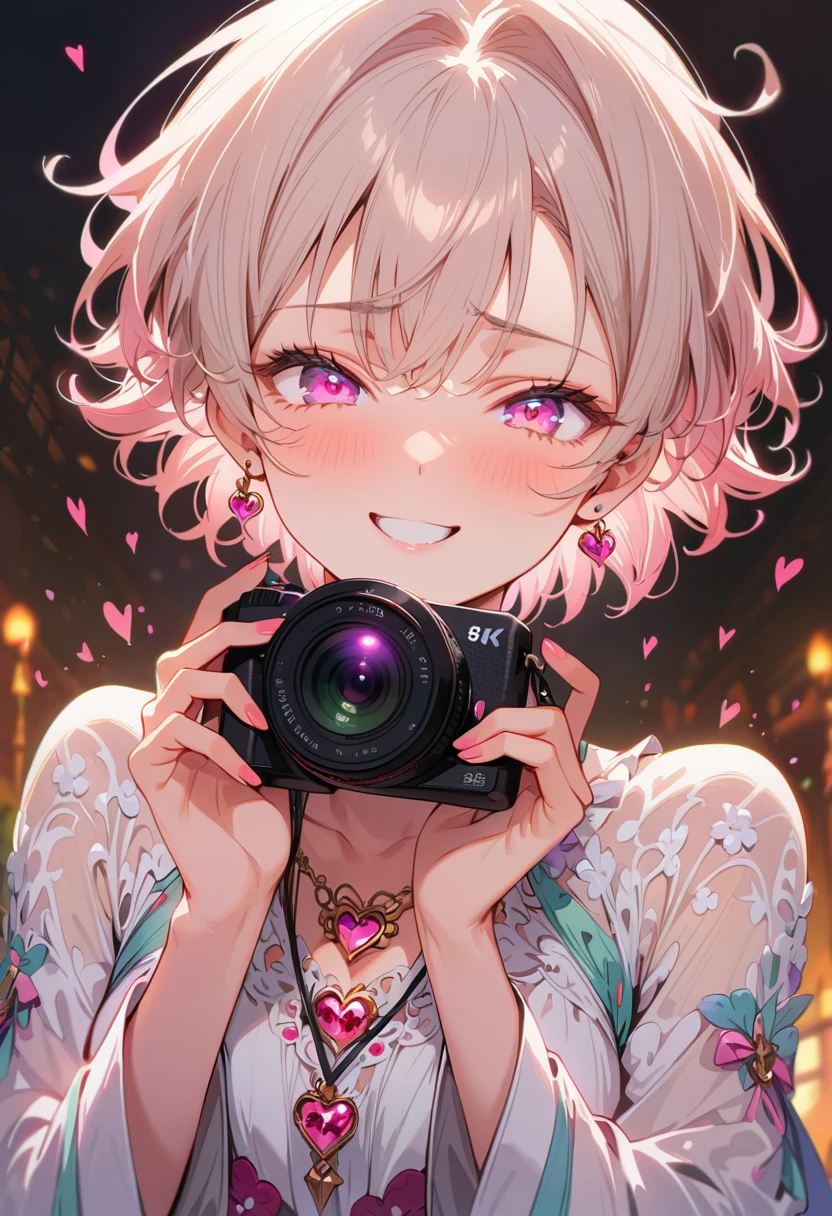 best quality,Astonishing,masterpiece,Beautifully,Ultra-high resolution,Extremely detailed,Intricate details,Beautiful and detailed,Meticulous attention to detail,8k resolution,Clear focus,Camera Effects,(Extremely detailed CG unity 8k wallpaper),Pink Eyes,cosmetic,Heart-shaped pupil,Glowing eyes,Tsuri Plum,Naughty face,Flash,Torogao,Charming smile