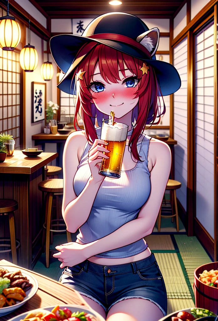 Satsuki Nakano, itsuki nakano, bangs, blue eyes, Hair between the eyes, Ahoge, Redhead, star \(symbol\), hair ornaments, smile,blush,star hair ornaments,Animal ears　 Raccoon Ears,Animal tails 　Tanuki's tail,happy smile, smile, Open your mouth,blush,Drunk,White Hat,Red Tank Top,Shorts,Sandals,Beer and food on the table,Sitting in a chair,
break indoors, Izakaya,
break looking at viewer, (Cowboy Shot:1.5),
break (masterpiece:1.2), Highest quality, High resolution, unity 8k wallpaper, (figure:0.8), (Beautiful attention to detail:1.6), Highly detailed face, Perfect lighting, Highly detailed CG, (Perfect hands, Perfect Anatomy),