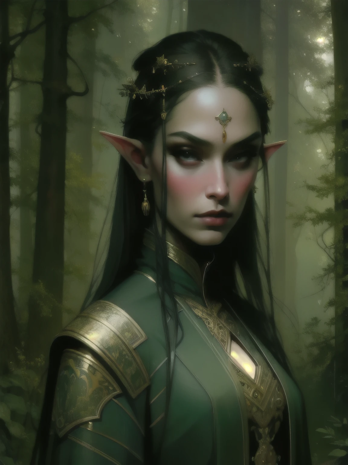 (masterpiece, best quality:1.2), (((oil paint))), 1girl, solo,  (masterpiece, ultra quality, high resolution, 8k, intricate: 1.2). female elf, looking at viewer, flowizng cloths and silver amor, the silent forested, mysterious, fantasy art, Donato Giancola, craig mullins, parth, masterful strokes legendary