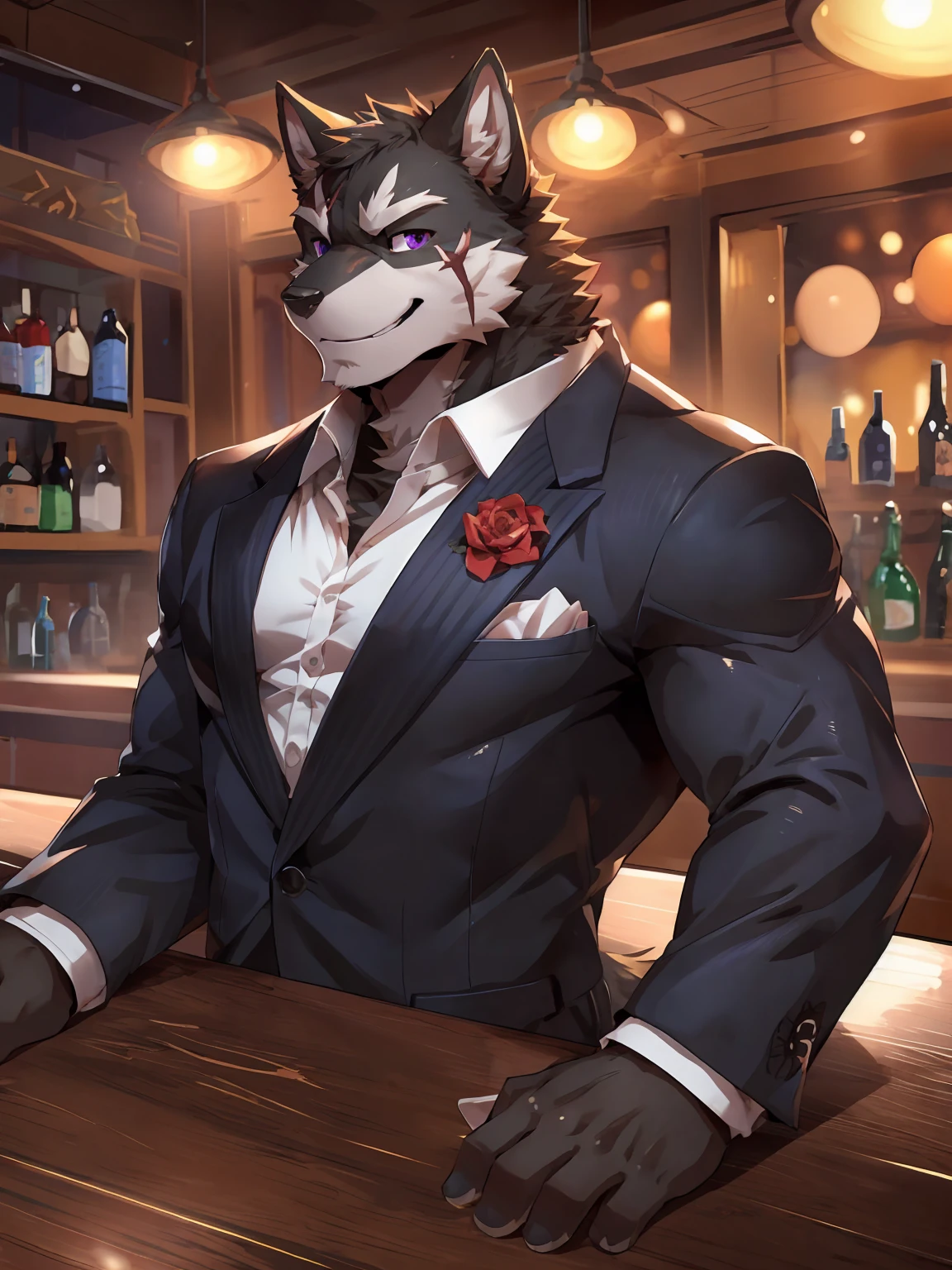 embedding:Black wolf，male, Purple eyes,Scar on the face, Single Person,The mob boss,Tattoo,Black suit,At the bar,happy，Smart,Adult male,Handsome,Best quality hands, best quality eye，detailed fur，Delicate eyes.Extreme picture quality，by sollyz,by zixiong,by null_ghost