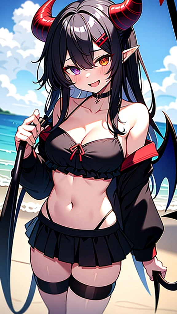 1girl, solo, long hair, breasts, looking at viewer, smile, open mouth, bangs, black hair, red eyes, navel, holding, cleavage, hair between eyes, bare shoulders, medium breasts, purple eyes, collarbone, tail, swimsuit, ahoge, grey hair, bikini, cowboy shot, frills, horns, pointy ears, sketch, tattoo, black bikini, heterochromia, umbrella, beach, demon girl, demon horns, demon tail, frilled bikini, holding umbrella, pubic tattoo