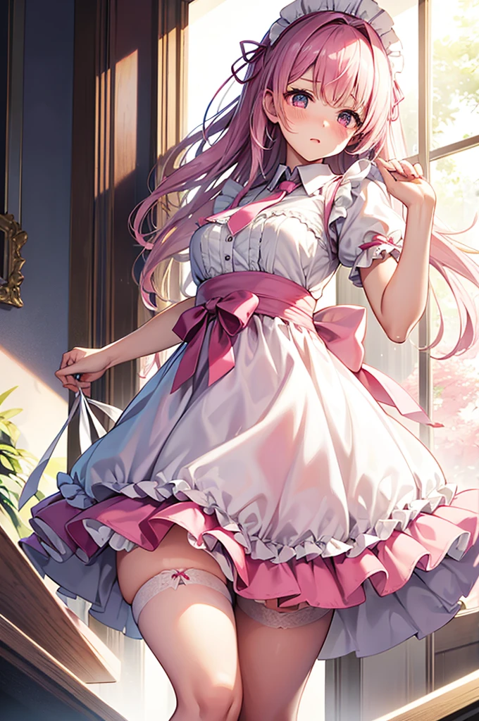 Highest quality、Shiny silk short sleeve puff sleeve pink maid outfit、See-through、very, very short skirt、Giant ribbon、A short white ruffled apron、Garter belt with ribbon、Pink high heels with ribbon、Large headband with ribbon、Flushed Cheeks、Embarrassed look、Pure white underwear、Pull up your skirt、Soaking wet、storm、Stand on a chair and stretch、Looking up from directly below、Tie with string