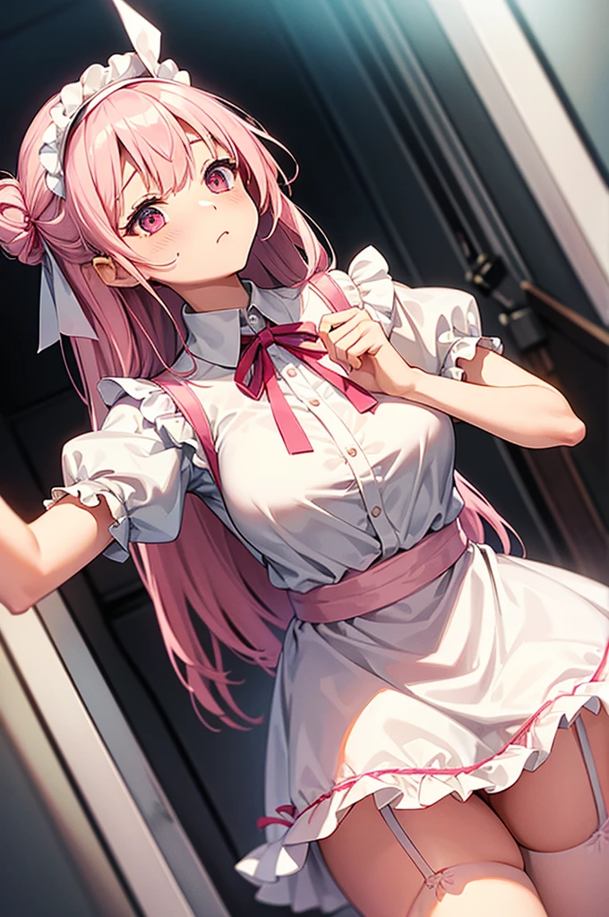 Highest quality、Shiny silk short sleeve puff sleeve pink maid outfit、See-through、very, very short skirt、Giant ribbon、A short white ruffled apron、Garter belt with ribbon、Pink high heels with ribbon、Large headband with ribbon、Flushed Cheeks、Embarrassed look、Pure white underwear、Pull up your skirt、Soaking wet、storm、Stand on a chair and stretch、Looking up from directly below、Tie with string