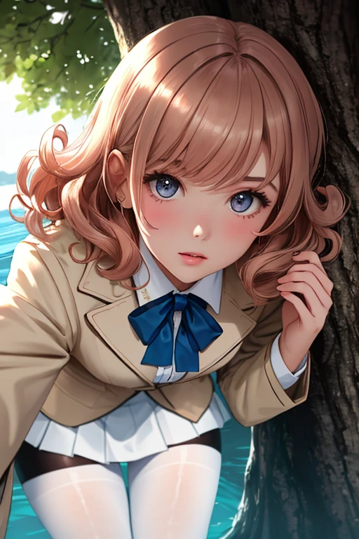 elegant sunlit, weak light and shadows, tree canopy,- 1girl, a pretty woman, beautiful face, white face, close up, face focus, curly hair, head bow, short copper-colored hair, white coat, black pantyhose, white tight skirt, she is with many dynamic poses, - blue water, elegant sunlit, weak light and shadows, tree canop