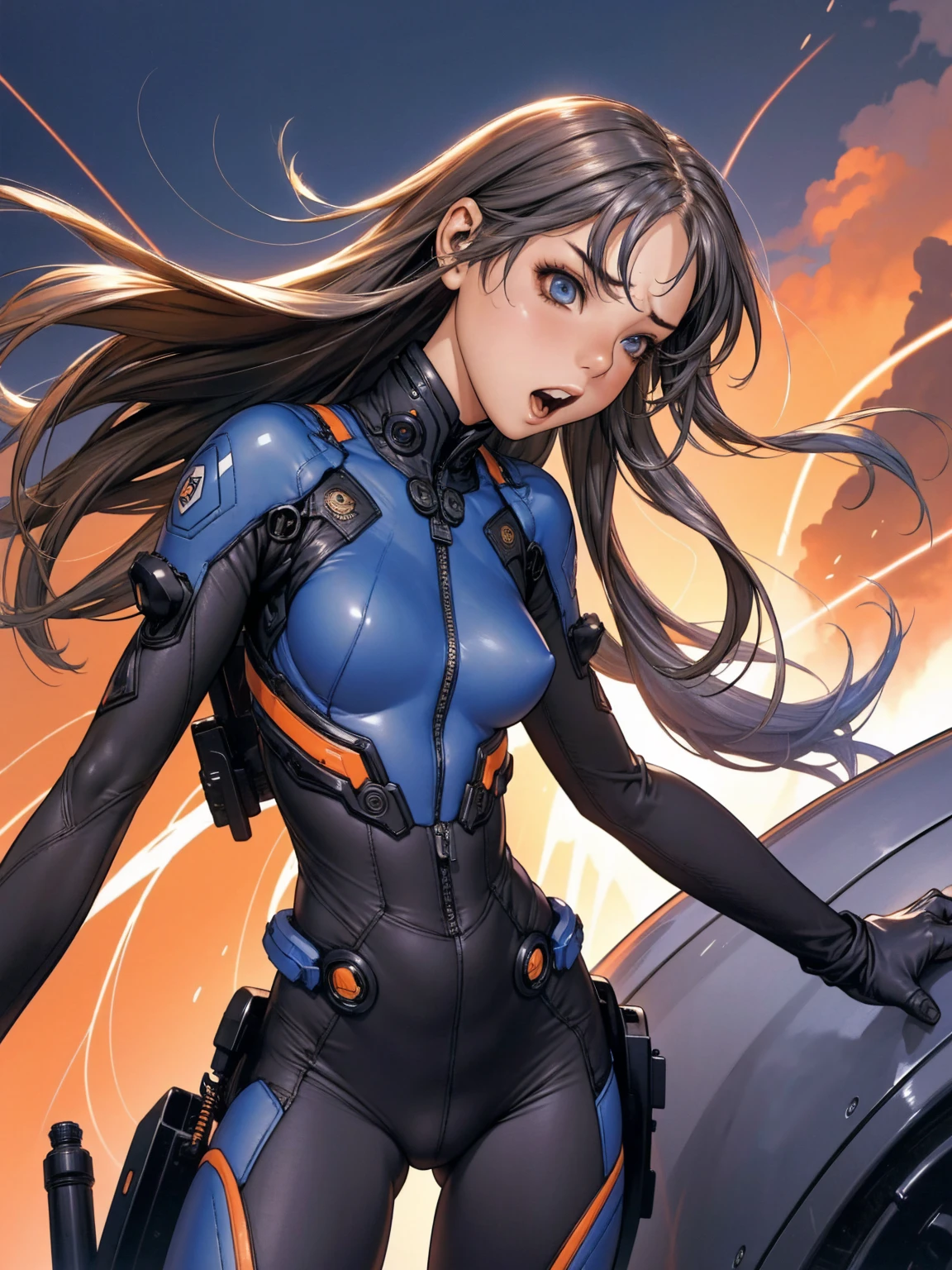 (((best qualityer))), (((absurdness quality))), (((1girl))), Girl in combat gear in the middle of a war against cybernetic beings, short clothes, armed with futuristic revolvers, angry expression, warm colours, long hair with bangs, costume with geometric patterns and wear textures, gorgeous face, wind giving hair movement, in the background explosions, lightning and destruction, robotic fierce enemies in dark blue colors