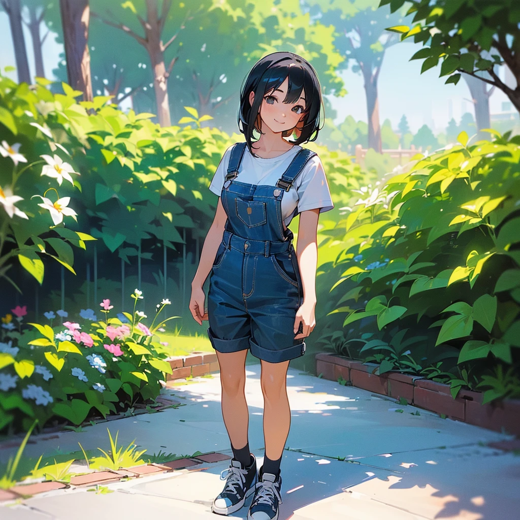 (high quality, High resolution, Very detailed, reality:1.37), Peaceful atmosphere, (Outdoor, garden), age girl standing alone, (my breasts are big.), Beautiful details, Cute Smile, (Black bob hair), Short sleeve shirt, Overalls, Blue socks, sneakers.