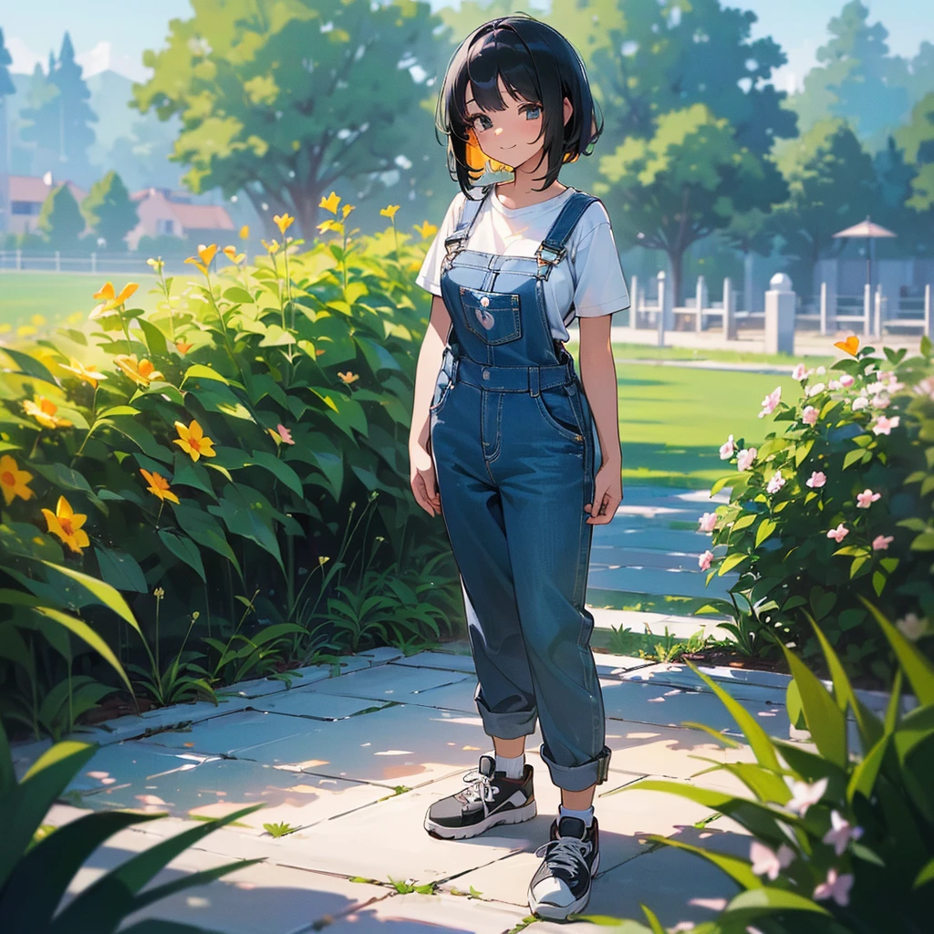(high quality, High resolution, Very detailed, reality:1.37), Peaceful atmosphere, (Outdoor, garden), age girl standing alone, (my breasts are big.), Beautiful details, Cute Smile, (Black bob hair), Short sleeve shirt, Overalls, Blue socks, sneakers.