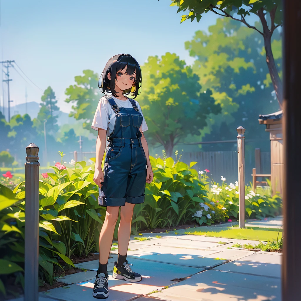 (high quality, High resolution, Very detailed, reality:1.37), Peaceful atmosphere, (Outdoor, garden),  girl standing alone, (my breasts are big.), Beautiful details, Cute Smile, (Black bob hair), Short sleeve shirt, Overalls, Blue socks, sneakers.