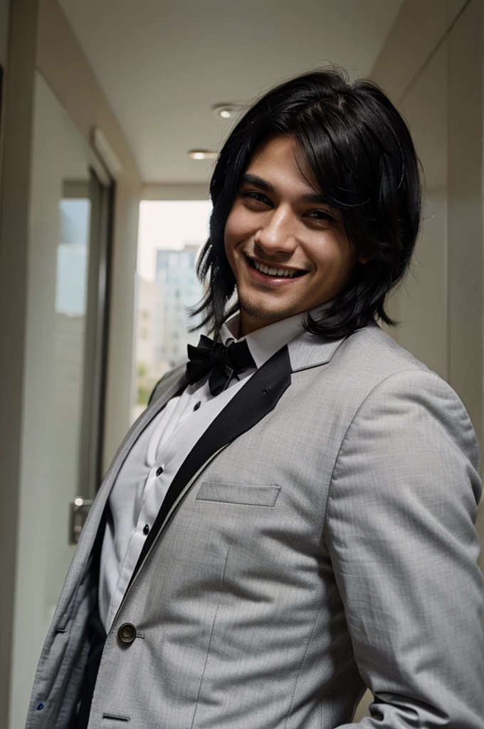 Male character with black hair, smiling, wearing a suit, black eyes 