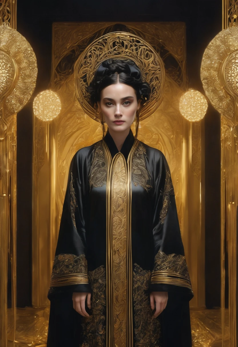 Surrealism, beautiful, Photo-realistic, detailed, Art Nouveau, like alex garland (Alex Garland) Such a girl, Dressed in gold and black robes，There is calligraphy on it, ultra detailed, Reality, highly detailed, Movie, 8K——ar9:16