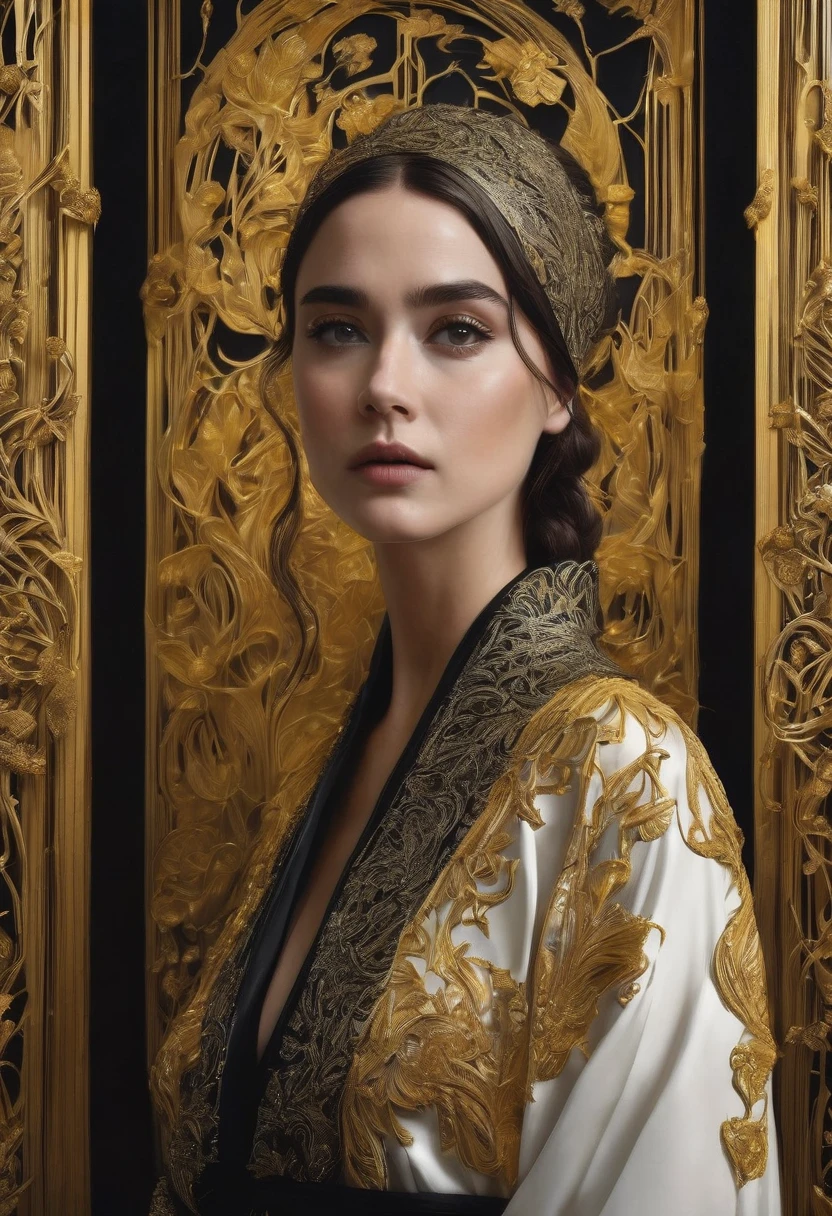 Surrealism, beautiful, Photo-realistic, detailed, Art Nouveau, like alex garland (Alex Garland) Such a girl, Dressed in gold and black robes,There is calligraphy on it, ultra detailed, Reality, highly detailed, Movie, 8K——ar9:16