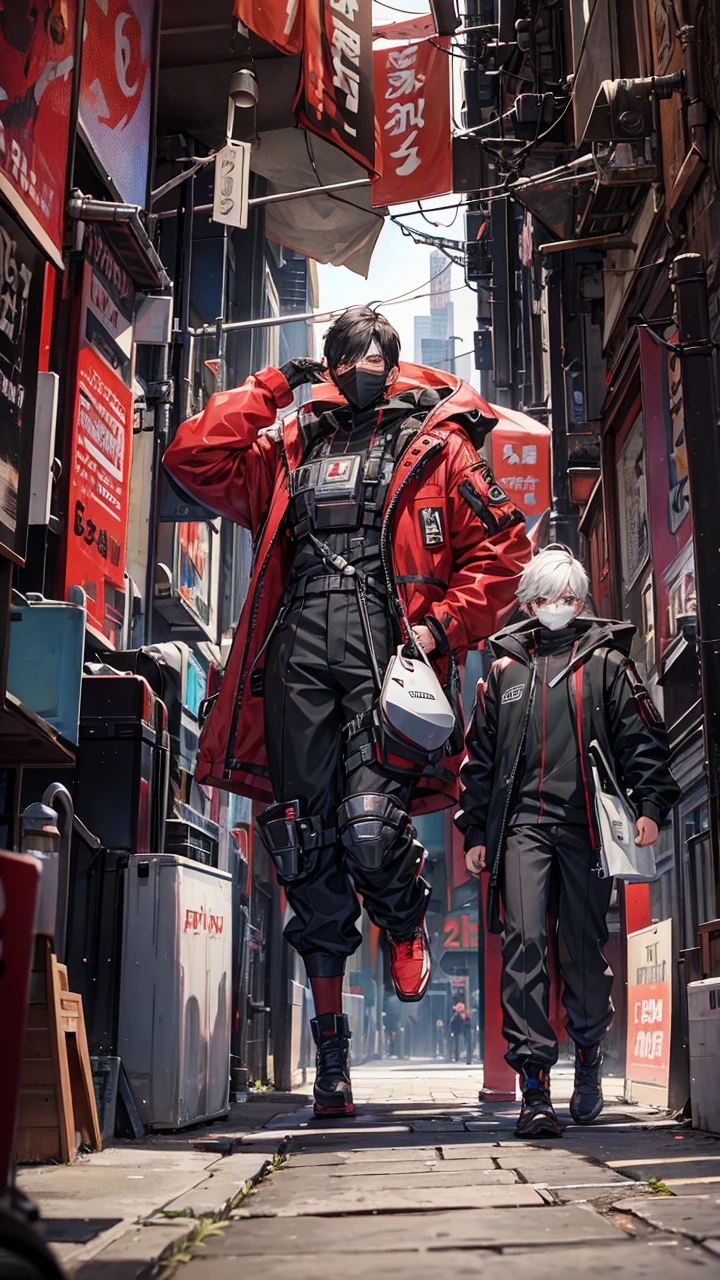 Futuristic male boy with mask in city full body