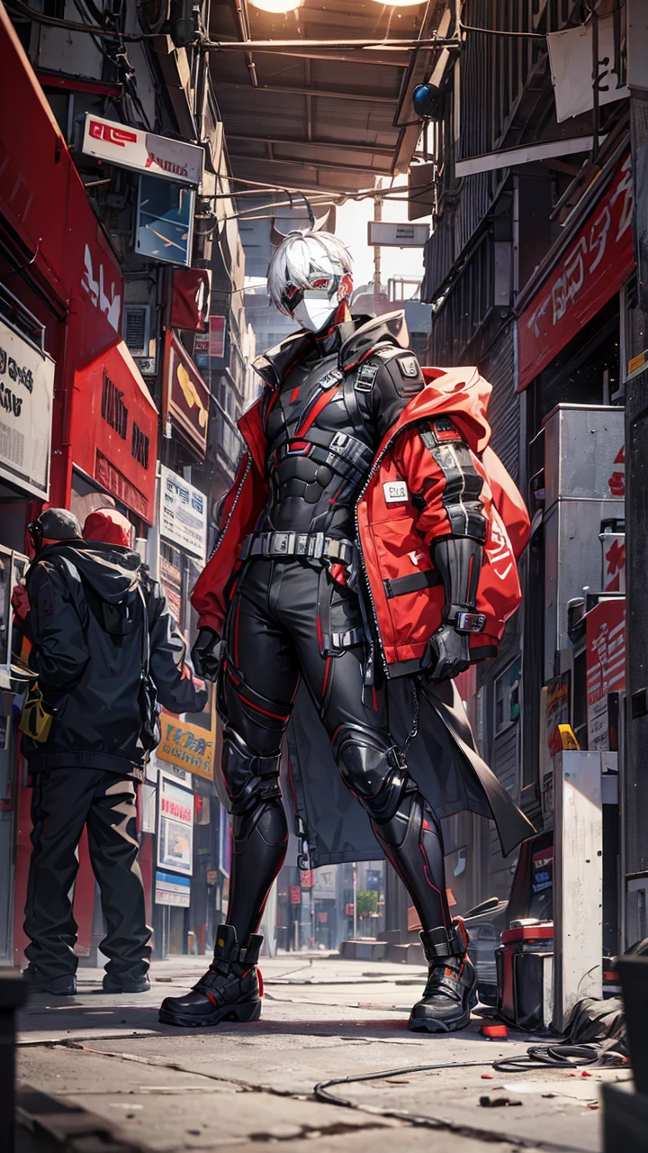 Futuristic male boy with mask in city full body