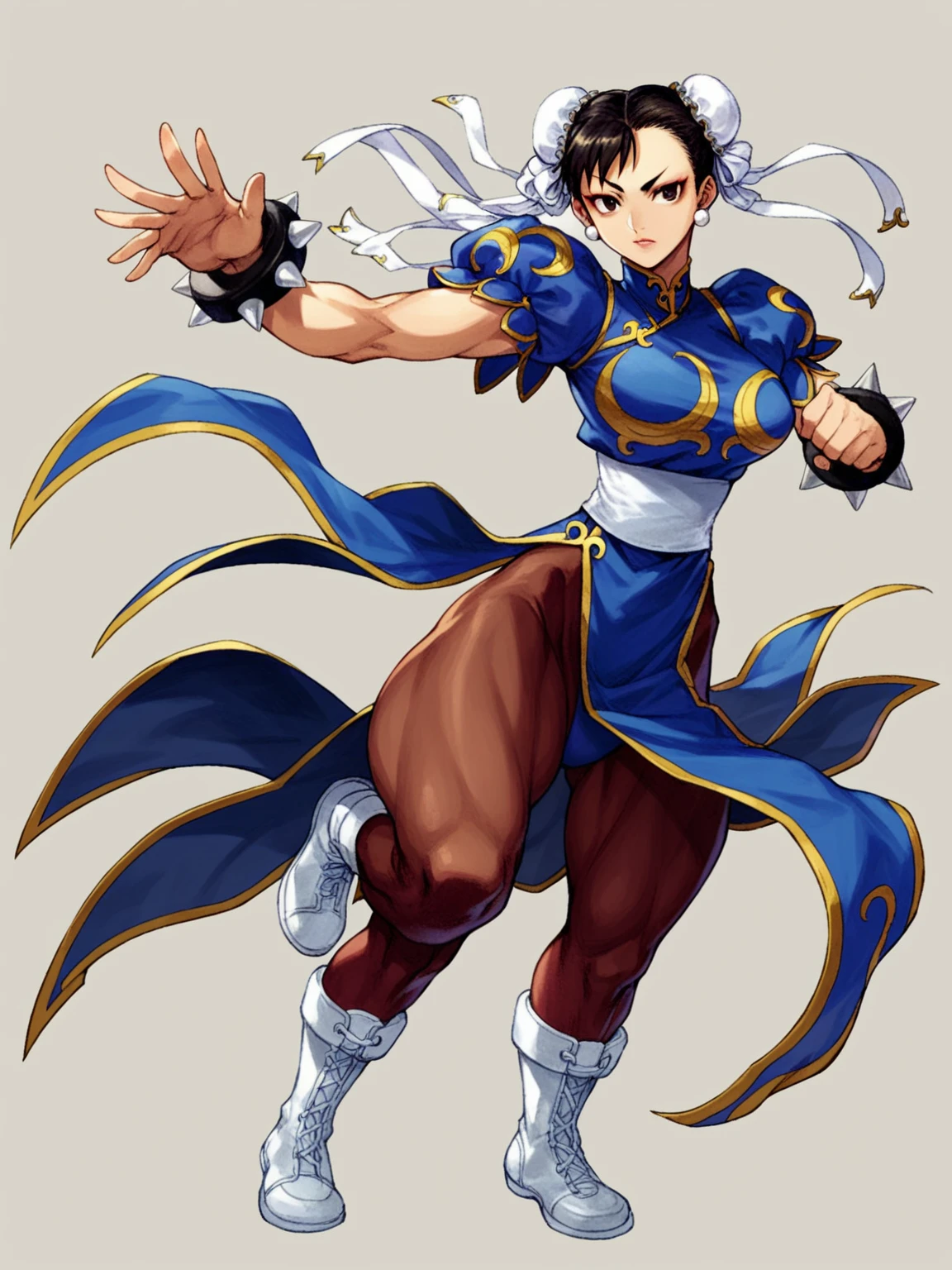 in kinu-sensei artstyle, Kinu Nishimura style, muted pastel colors, medium breasts, Chun-Li, Chun-Li, the iconic character from the Street Fighter video game series, stands at the forefront of the composition. Her dynamic pose suggests imminent action—a leap or a powerful kick. Here’s a breakdown of the details: Character Description: Chun-Li: A strong, agile fighter, Chun-Li is instantly recognizable by her signature blue qipao (a traditional Chinese dress) with golden accents. She embodies grace and power. Costume: Her qipao features slits on both sides, allowing of movement. The fabric flows around her as she prepares for combat. Footwear: White boots with similar side slits complete her ensemble, emphasizing practicality and style. Hairstyle: Chun-Li’s hair is styled in “ox horns,” two high buns adorned with white ribbons. Golden hairpieces resemble spiked bracelets, adding flair.