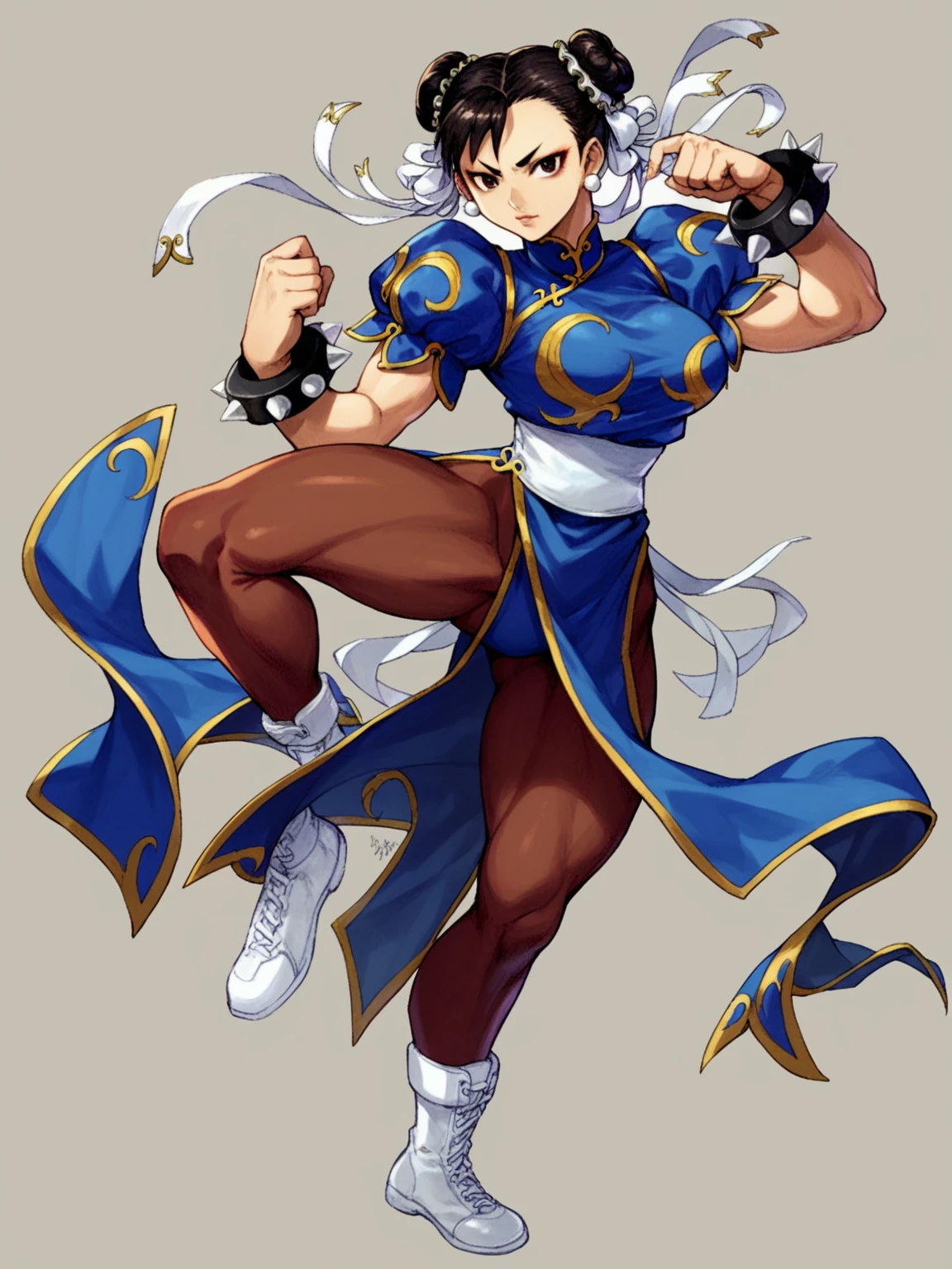 in kinu-sensei artstyle, Kinu Nishimura style, muted pastel colors, medium breasts, Chun-Li, Chun-Li, the iconic character from the Street Fighter video game series, stands at the forefront of the composition. Her dynamic pose suggests imminent action—a leap or a powerful kick. Here’s a breakdown of the details: Character Description: Chun-Li: A strong, agile fighter, Chun-Li is instantly recognizable by her signature blue qipao (a traditional Chinese dress) with golden accents. She embodies grace and power. Costume: Her qipao features slits on both sides, allowing of movement. The fabric flows around her as she prepares for combat. Footwear: White boots with similar side slits complete her ensemble, emphasizing practicality and style. Hairstyle: Chun-Li’s hair is styled in “ox horns,” two high buns adorned with white ribbons. Golden hairpieces resemble spiked bracelets, adding flair.