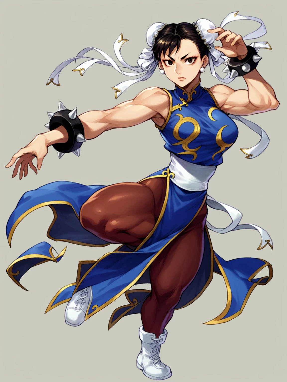 in kinu-sensei artstyle, Kinu Nishimura style, muted pastel colors, medium breasts, Chun-Li, Chun-Li, the iconic character from the Street Fighter video game series, stands at the forefront of the composition. Her dynamic pose suggests imminent action—a leap or a powerful kick. Here’s a breakdown of the details: Character Description: Chun-Li: A strong, agile fighter, Chun-Li is instantly recognizable by her signature blue qipao (a traditional Chinese dress) with golden accents. She embodies grace and power. Costume: Her qipao features slits on both sides, allowing of movement. The fabric flows around her as she prepares for combat. Footwear: White boots with similar side slits complete her ensemble, emphasizing practicality and style. Hairstyle: Chun-Li’s hair is styled in “ox horns,” two high buns adorned with white ribbons. Golden hairpieces resemble spiked bracelets, adding flair.