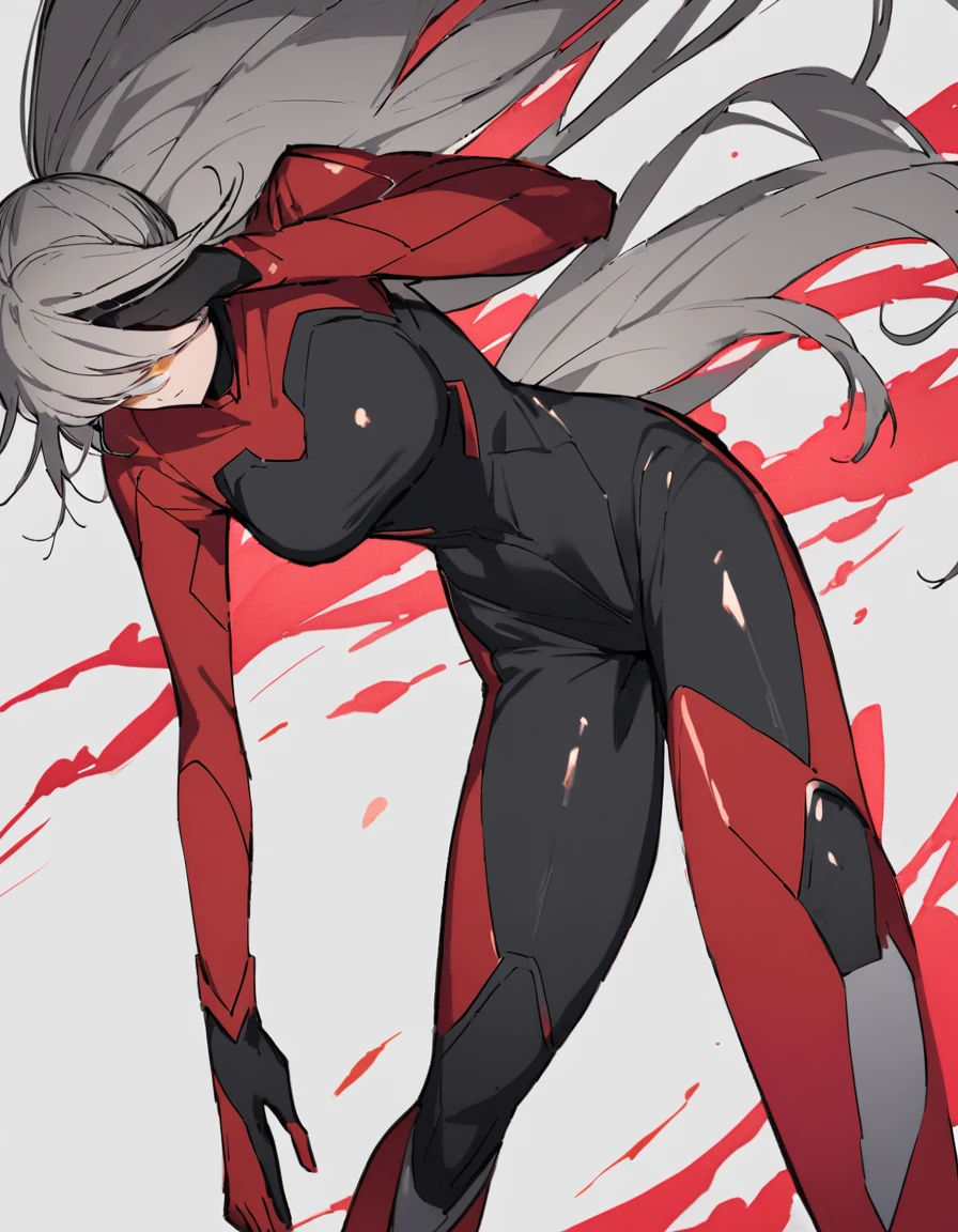 Tall, slim, She has long grey hair tied back in an enormous, messy ponytail that reaches down to her thighs, some of her hair is covering one of her eyes, she wears a red jacket over a black full-body suit, golden eyes, full body