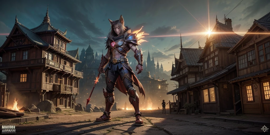 Ancient anime style, artbook, comicbook, RPG, futuristic medieval. Goblin fox warrior, dark red skin, with human face with light red glowing tribal magical tattoos, goblin base with fox features, neon details, with technological tribal armor with glowing magical markings, full body, bare feet, spear with magical markings shiny. Epic scene, wide and deep scenery, with several depth planes, stylish and dynamic pose. In the middle of a magical steampunk technological village, mixing technology and vegetation, buildings with neon details and glowing magical vegetation, magical technological airships with shiny details inspired by ships flying in the sky.