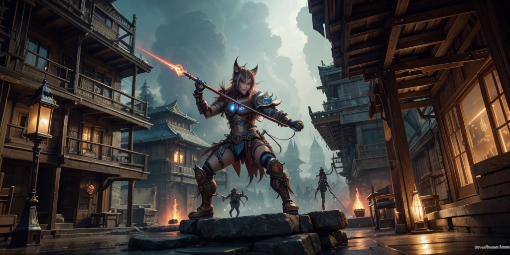 Ancient anime style, artbook, comicbook, RPG, futuristic medieval.  Goblin fox warrior, dark red skin, with human face with light red glowing tribal magical tattoos, goblin base with fox features, neon details, with technological tribal armor with glowing magical markings, full body, bare feet, spear with magical markings shiny.  Epic scene, wide and deep scenery, with several depth planes, stylish and dynamic pose.  In the middle of a magical steampunk technological village, mixing technology and vegetation, buildings with neon details and glowing magical vegetation, magical technological airships with shiny details inspired by ships flying in the sky.