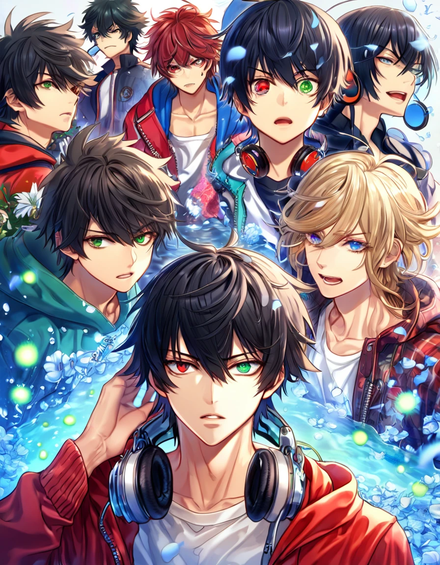 absurdres, highres, ultra detailed, HDR, master piece, Yamada Ichiro, black hair, heterochromia, expressive right red eye, left green eye, red jacket with a hoodie, a red pair of headphones around his neck, white shirt, Hypnosis Mic, sexy man, mole under his right eye, handsome, best quality, blue moon, flowers, fantasy, magical, solo, water, blue shining fireflies, blue petals,