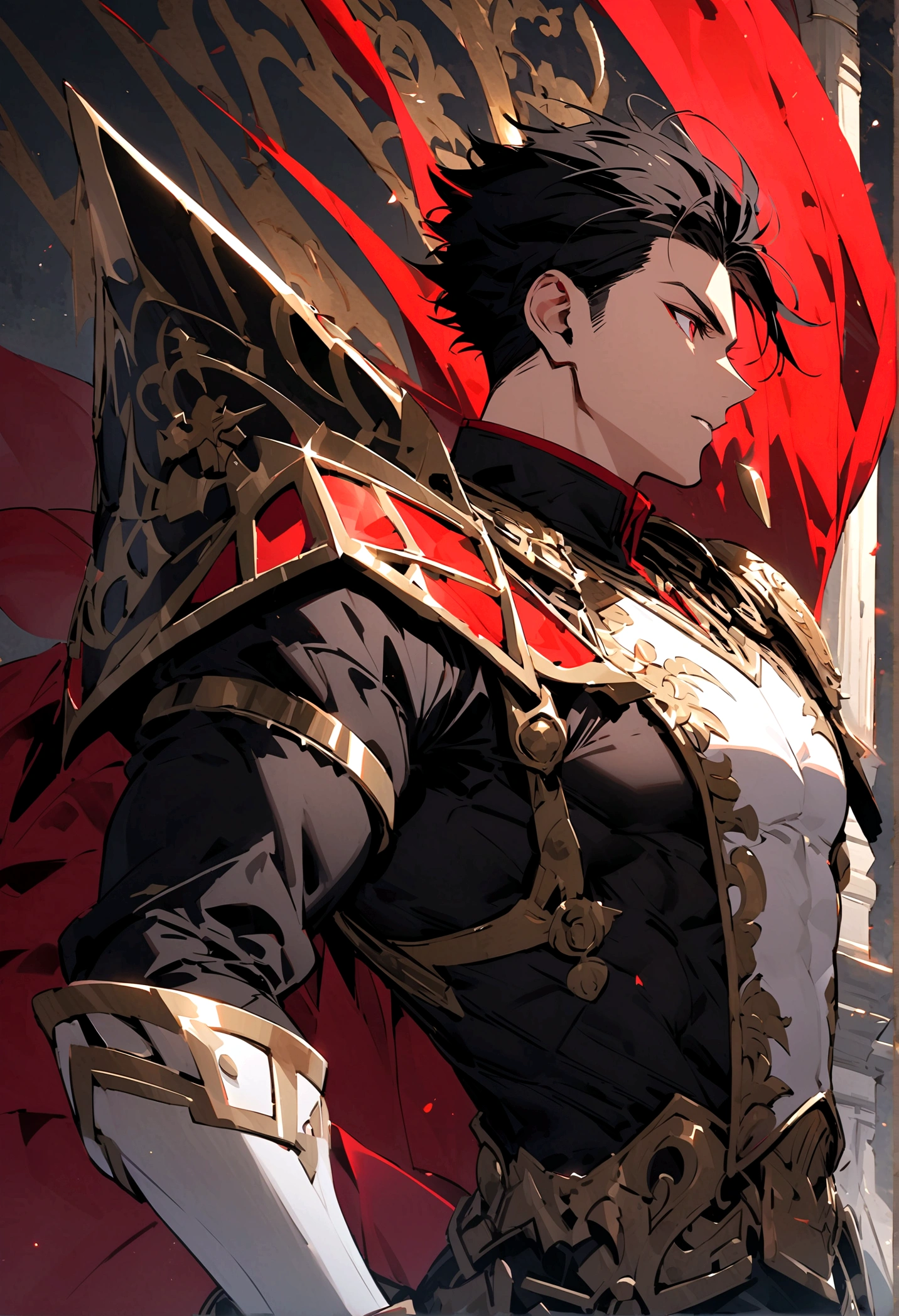 masculine man, high , muscular , armadura negra de metal sin casco y capa de color rojo, short black hair combed back and Red eyes ,24 years old