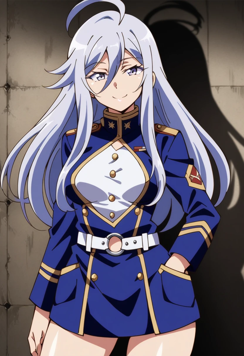 anime art style, 2d, masterpiece, best quality, very aesthetic, absurdres, dynamic shadows, atmosferic, vladilena_millize, (1girl), ((silver hair)), long hair, (silver eyes), narrowed eyes, detailed eyes, ahoge, hair between eyes, bangs, medium breasts, ((uniform cutout)), makeup, sexy, ((military uniform)), (white top), (buttons on jacket), (blue uniform), pockets, white belt, o-ring belt, (blue miniskirt), sexy smile, ((cowboy shot)), standing, ((from front)), bunker, walls, cell-lights, looking at viewer