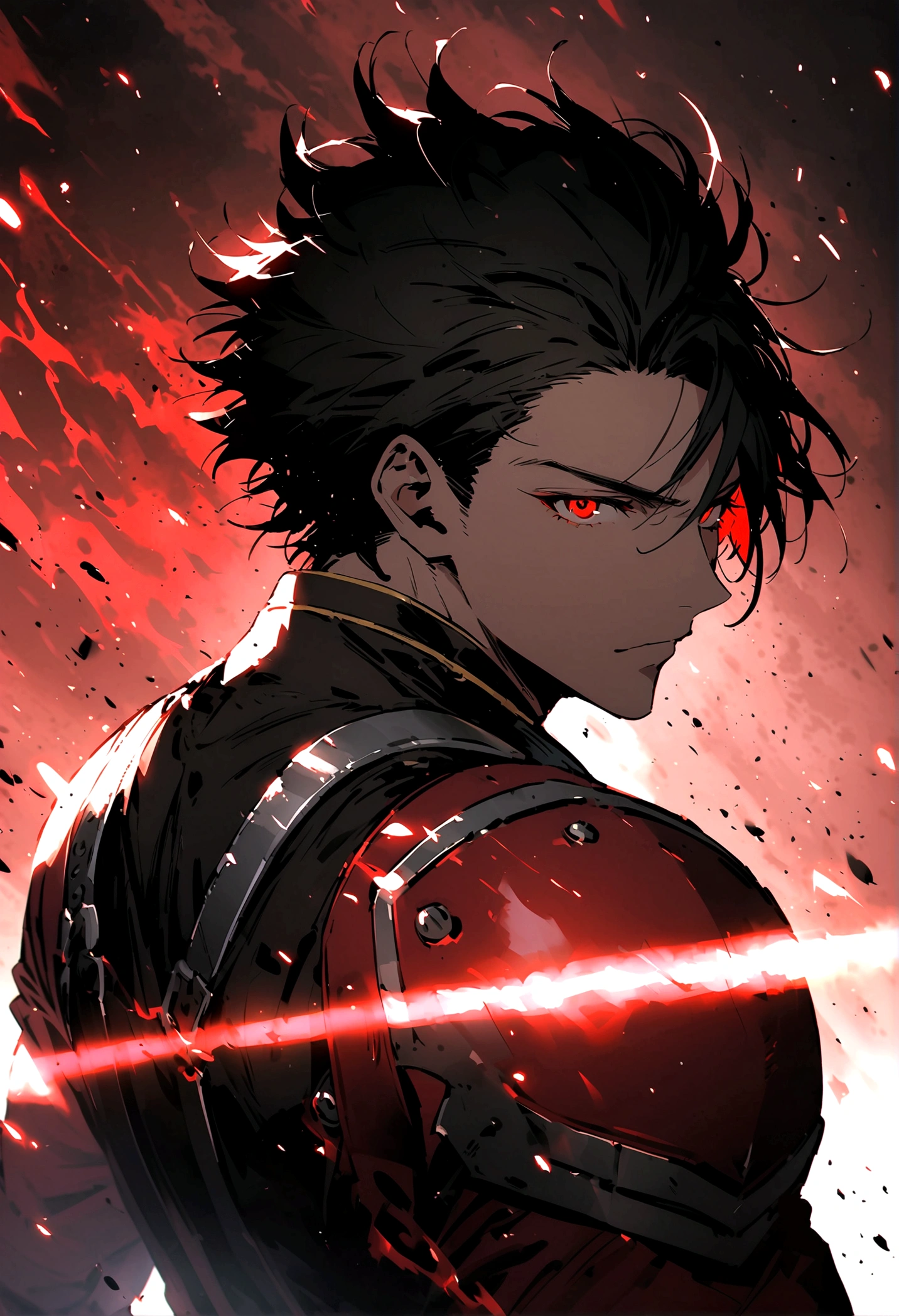 masculine man, high , muscular , armadura negra de metal sin casco y capa de color rojo, short black hair combed back and Red eyes ,24 years old