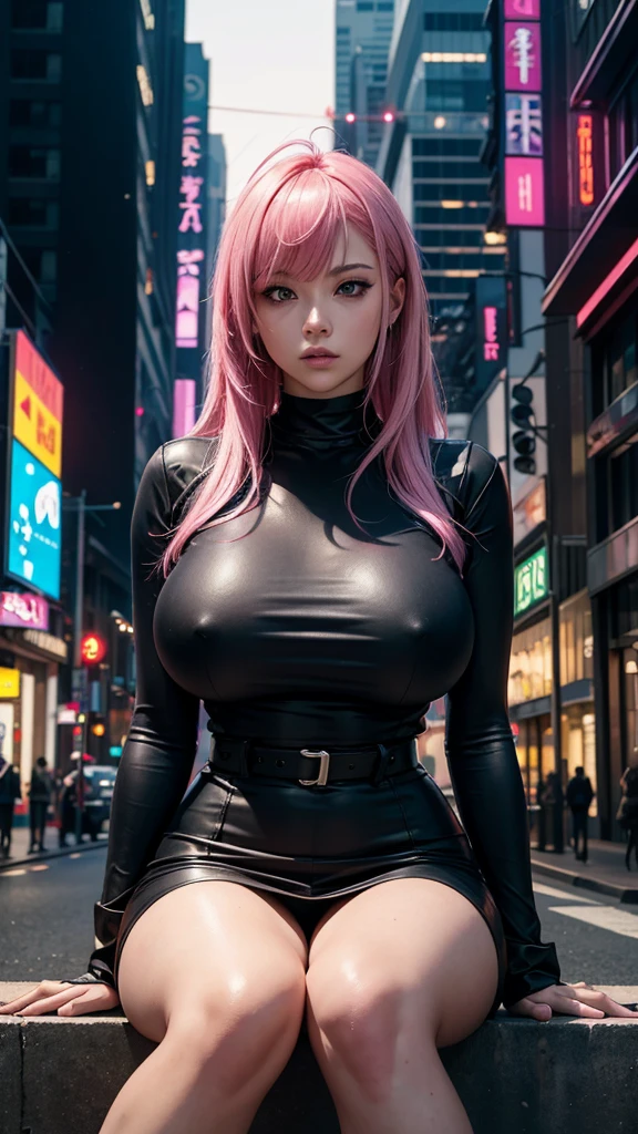 A woman with pink hair and a black shirt sits on a city street,Traffic lights in the background, Art sprouts, Anime Art, cyberpunk art, Photorealism, 1 girl, Bangs, women , Skyscraper, Solitary, _top,((Huge breasts)),Grooves reveal original skin, Color RGB