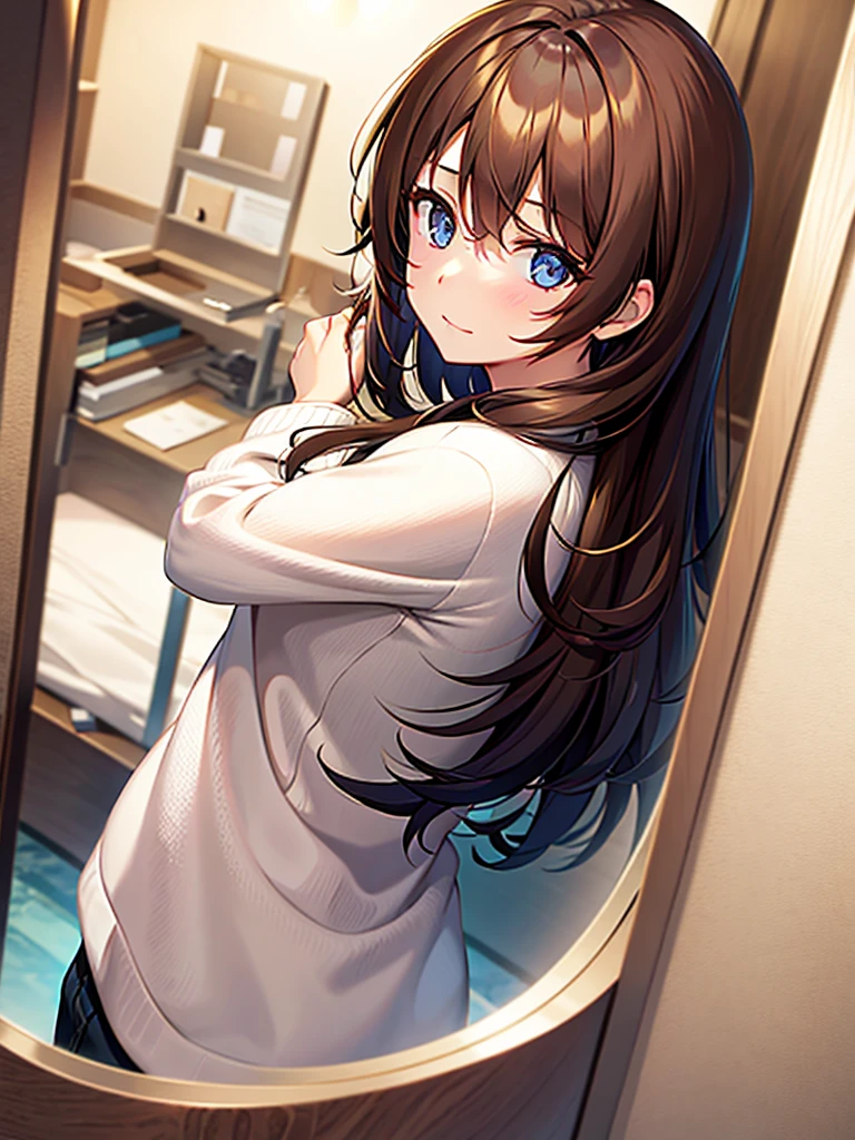 A GIRL WITH BROWN HAIR AND BROWN EYES WITH WHITE SKIN WHO LOOKS AT HERSELF IN THE MIRROR WITH A GREAT EMPTY AS IF SHE FELT SHE WAS NOT WORTHLESS