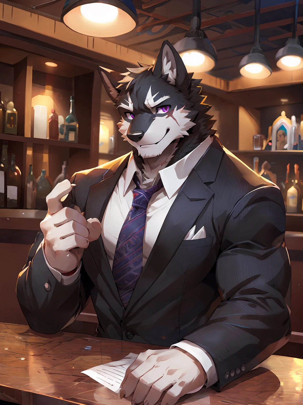 embedding:Black wolf，male, Purple eyes,Scar on the face, Single Person,The mob boss,Tattoo,Black suit,At the bar,happy，Smart,Adult male,Handsome,Best quality hands, best quality eye，detailed fur，Delicate eyes.Extreme picture quality，by sollyz,by zixiong,by null_ghost