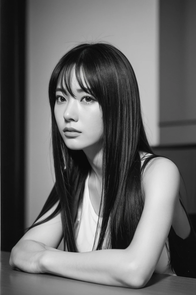 ((Highest quality)), ((8K)), ((masterpiece: 1.3)), (Perfect appearance), (Photorealism: 1.6), (Ultra-high resolution), (Monochrome), (JMA), (AIF), (Japanese Matureの肖像画), (Mature Woman'profile), (60 years old, Japanese Mature), ((Realistic skin texture)), ((Realistic skin texture)), (Fine wrinkles all over the skin), (Dullness), (Facial wrinkles), (Wrinkles around the eyes), double eyelid, Tear bags under the eyelids, Gazing into the distance, Short bangs, Curly long hair,